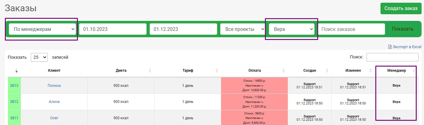 Заказы, отфильтрованные по назначенному менеджеру