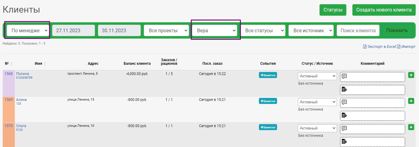 Клиенты, отфильтрованные по назначенному менеджеру